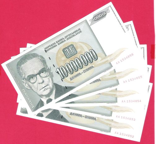 5x Novcanica 10 000000 dinara 1993 godina (sa greskama).UNC
