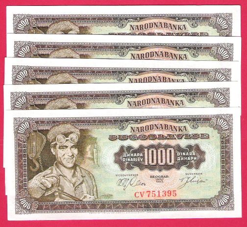 5x Novcanica 1000 dinara 1963 godina UNC